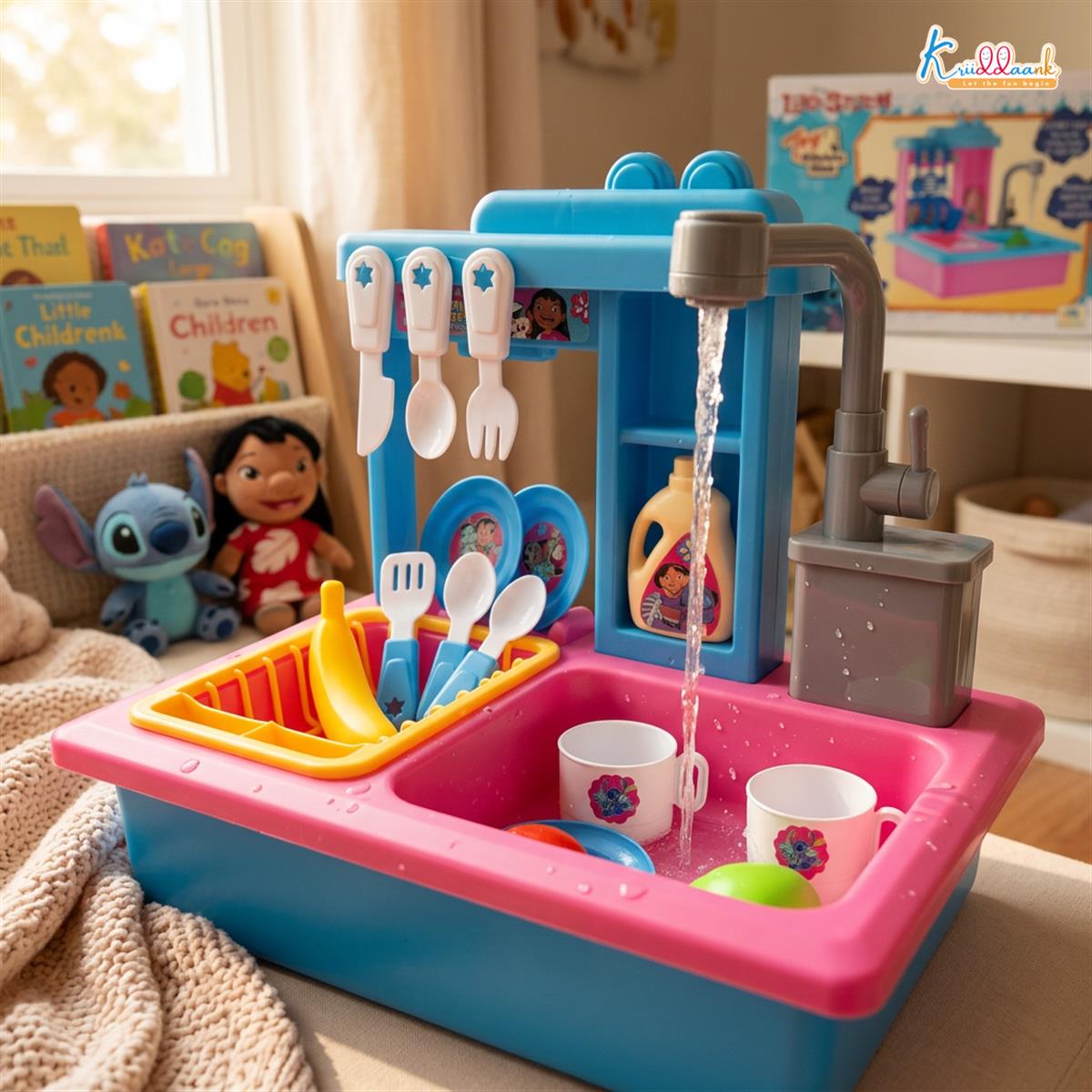 Stitch Toy Kitchen Sink Playset with Electric Faucet & Running Water - 22 Pcs Pretend Play Dish Washing Set for Kids, Kitchen Accessories, Realistic Role Play Toy for Boys & Girls 3+ Years