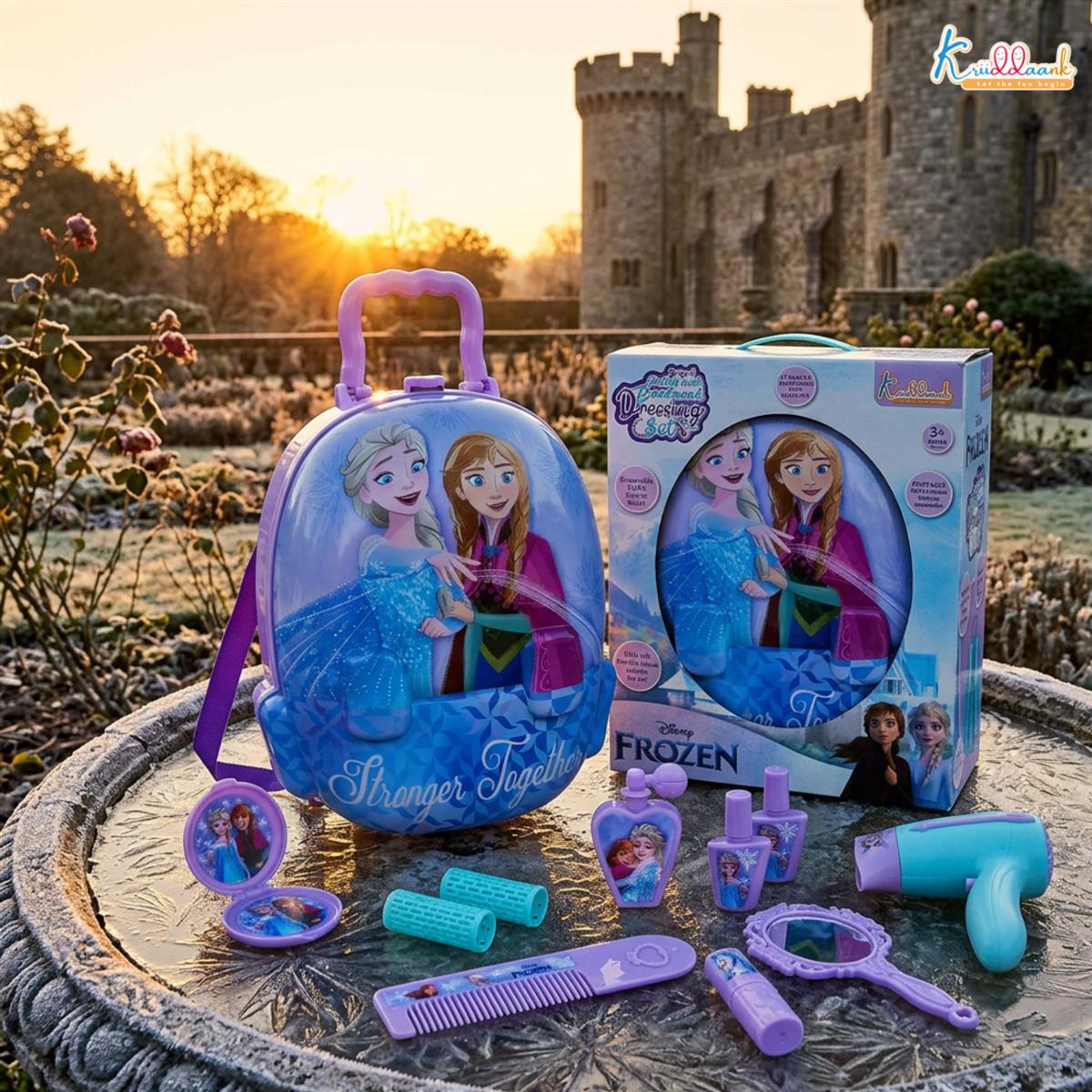 Frozen 2-in-1 Backpack & Trolley Dressing Gift Set for Kids - 13 Pcs Pretend Play Makeup Kit with Electronic Dryer, Portable Beauty Vanity Suitcase for Girls Aged 3+ Years (Turkish Blue)