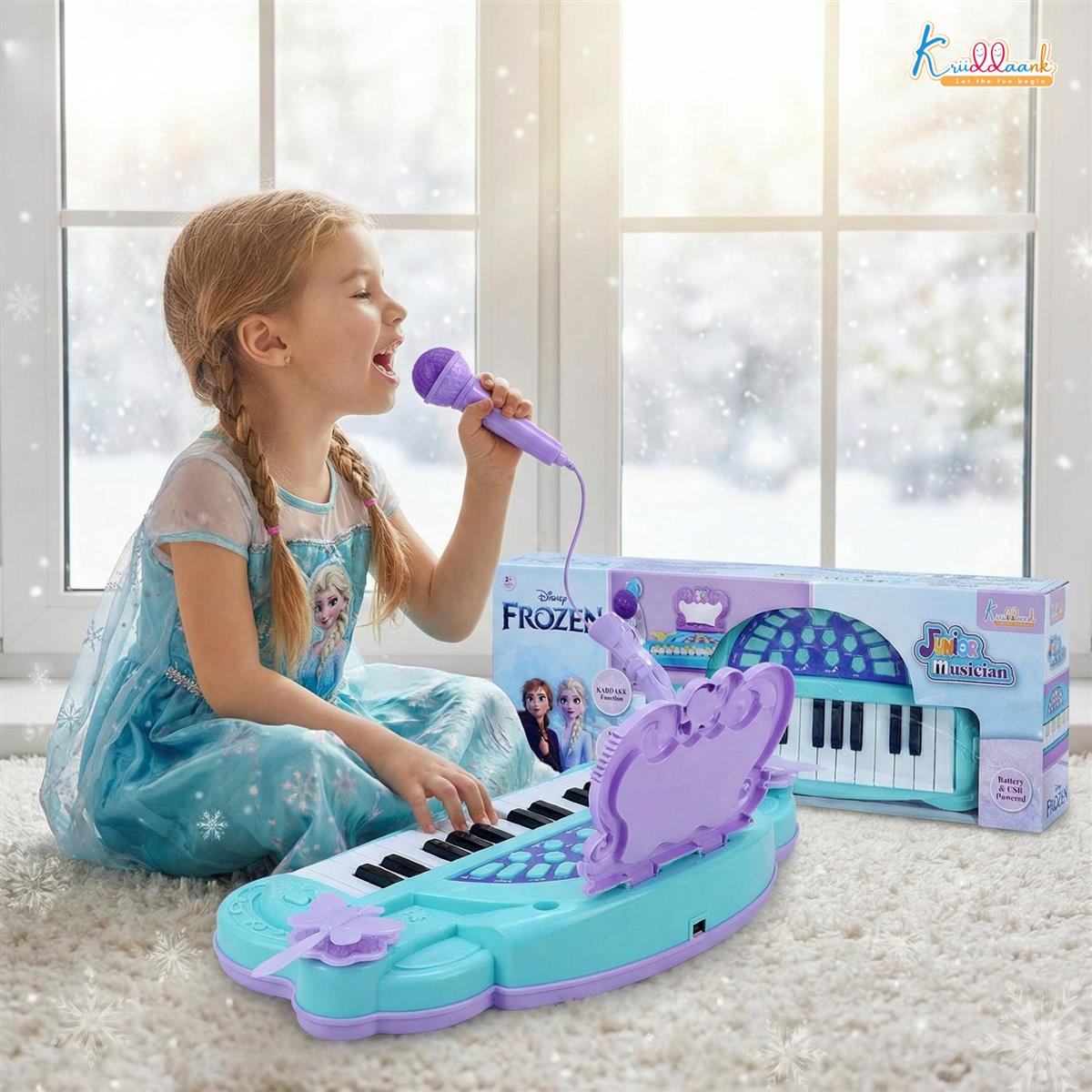 Frozen Junior Musician Elsa-Anna Music Set - Kids Piano with Microphone, Karaoke Function, 25 Songs & 5 Percussion Instruments, Dual Power (USB/Battery), Educational Toy for Girls Ages 3+, Blue