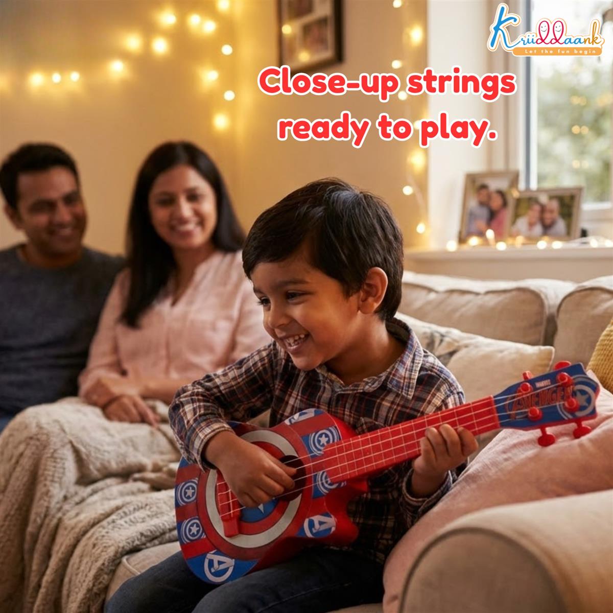 Marvel Avenger Theme 4-String Guitar for Kids - Small Electric & Classical Style Toy Instrument for Beginners - Fun Educational Musical Toy for Boys & Girls Age 3+ - Red