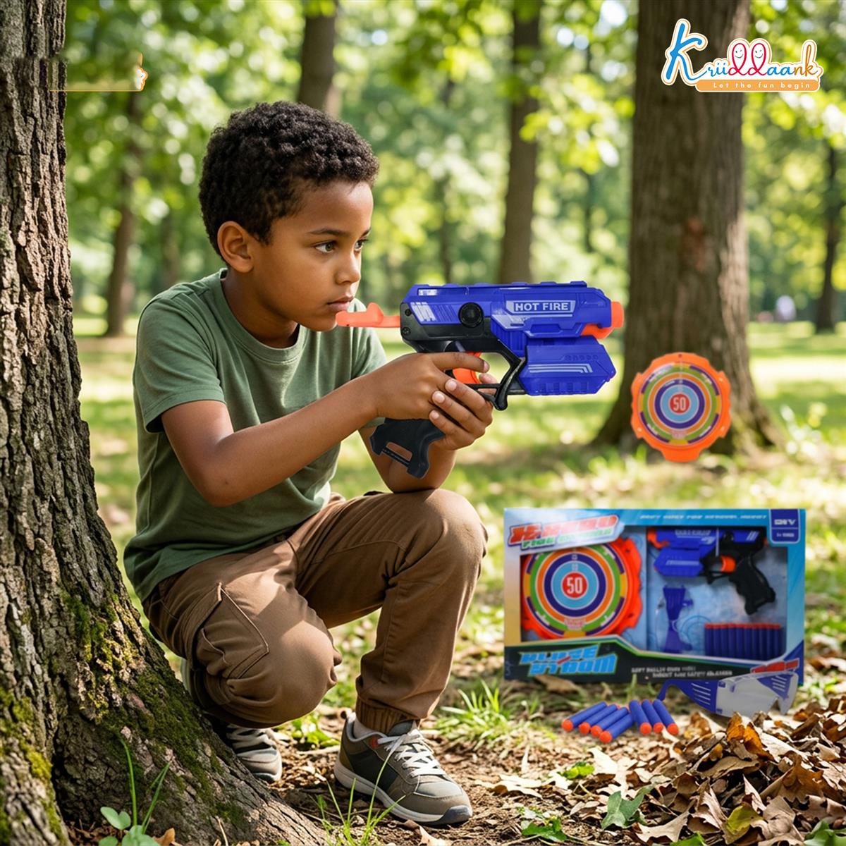 Kriiddaank X Hero Soft Bullet Blaster Gun Toy for Kids with 10 Foam Darts, Target Board, and Safety Glasses | Long Range Single-Shot Shooting Playset | Ideal Gift for Boys & Girls 3+ Years