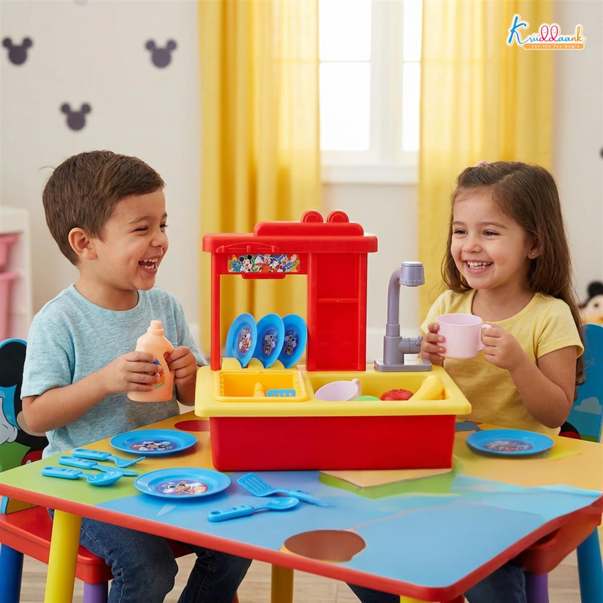 Kriiddaank Mickey Toy Kitchen Sink - 22 Pc Pretend Play Kitchen Set with Electric Running Water Faucet, Automatic Water Recycling System & Dishes - Disney Mickey Theme Role Play Toy for Kids 3+