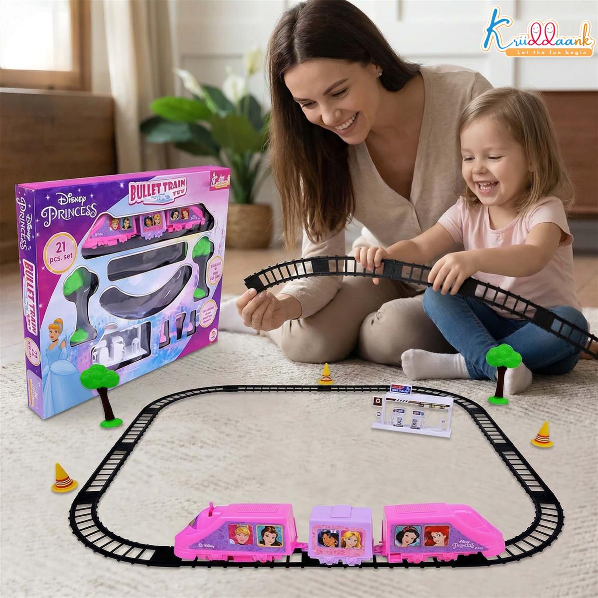 Kriiddaank Princess Train Set for Girls - 21 Pcs Battery Operated Bullet Train with Sound Effects, Easy-to-Assemble Tracks, Educational Motor Skills Toy for Kids 3+ Years, Pink
