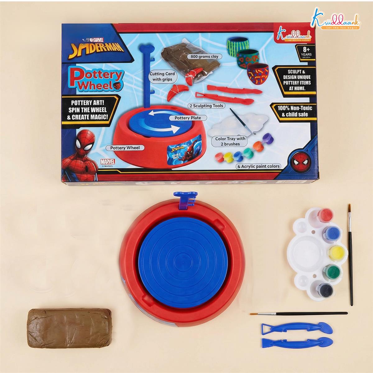 Spiderman Pottery Wheel Modeling Set for Kids - Complete Clay Sculpting, Art & Craft Kit with 800g Clay, Paints & Tools | Educational DIY Toy for Boys & Girls 8+ | Battery Operated with Music