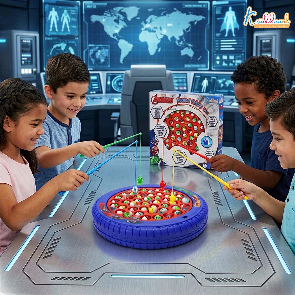 Avengers Musical Fishing Game for Kids - Electronic Rotating Board with 45 Fishes & 4 Poles, Battery Operated Interactive Educational Toy for Boys & Girls Age 3+ Years (Red Ocean Theme)
