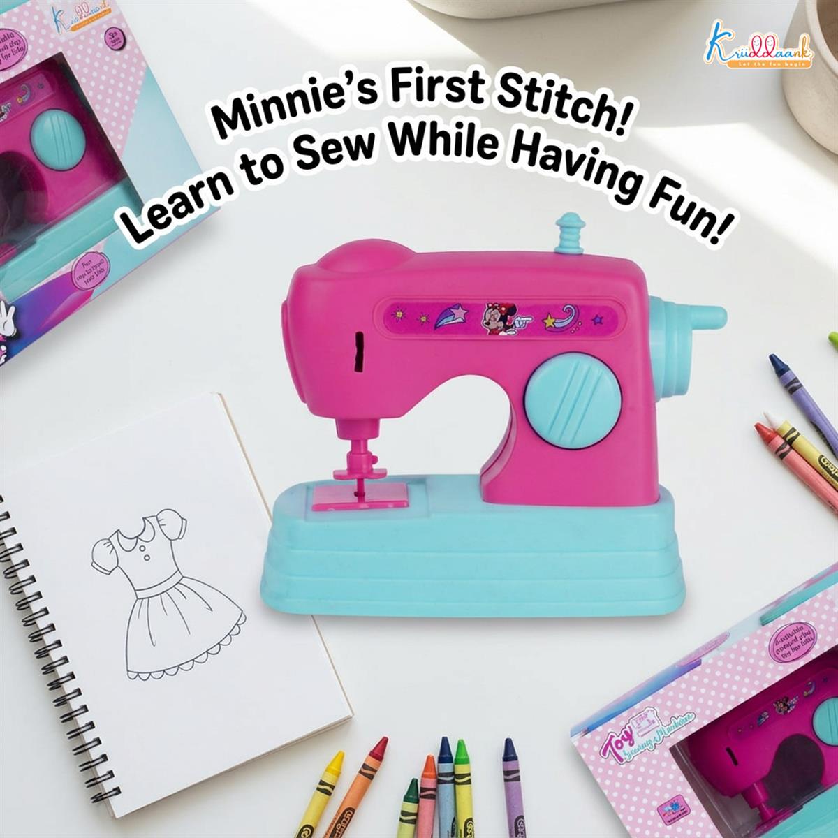Kriiddaank Minnie Mouse Theme Mini Sewing Machine Toy for Kids 3+, Pink Educational Pretend Play Household Toy with Interactive Buttons, Battery Operated Role Play Toy for Girls
