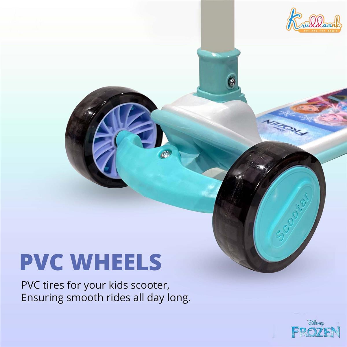 Kriiddaank Disney Frozen Adventure 3-Wheel Kick Scooter for Kids (3+ Years) - LED Light Up Wheels, Music, 3-Level Adjustable Height, Foldable Design, Anti-Slip Deck - 25kg Capacity, Turkish Blue