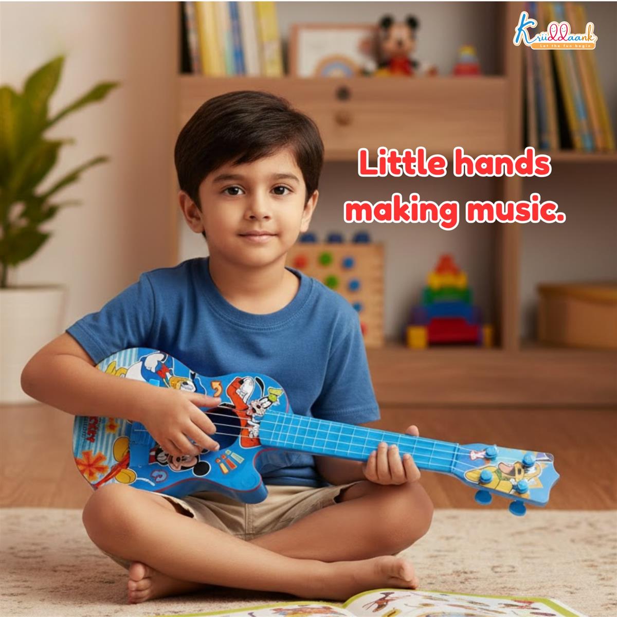 Disney Mickey Mouse Small Guitar for Kids - 4 String Toy Musical Instrument with Adjustable Tension, Fingerstyle Tab & Pick - Portable, Safe & Educational Gift for Boys & Girls Ages 3+