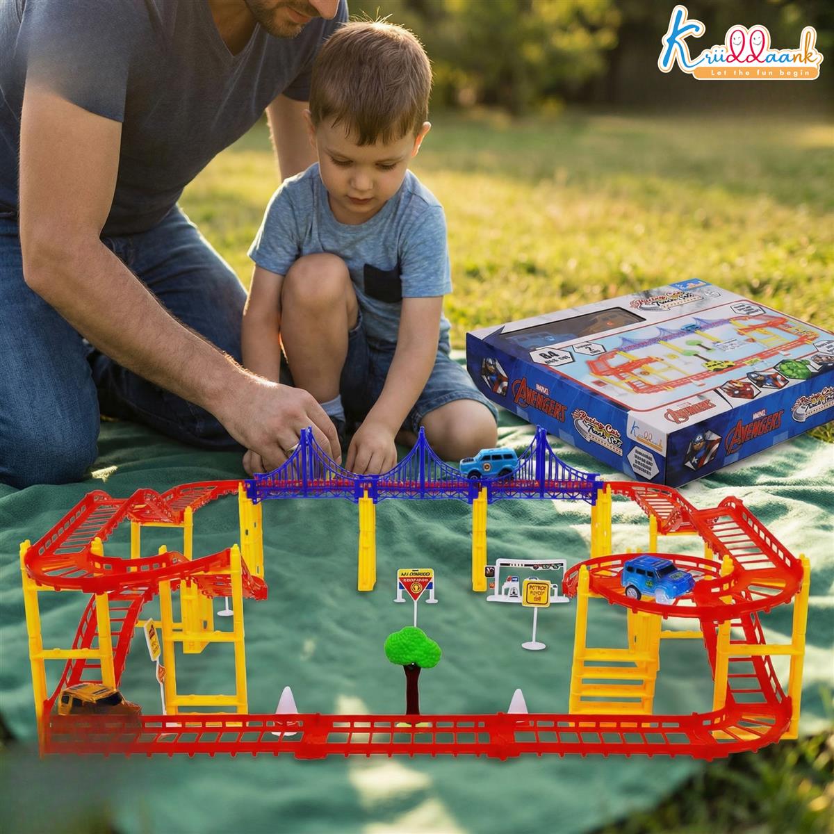 Avenger Theme Portable Car Track Playset - 86 Pcs Marvel Racing Track with Diecast Metal Cars, DIY Customizable Race Track for Kids 3+ Years, Realistic Miniature Collectible Toy (Multicolor)