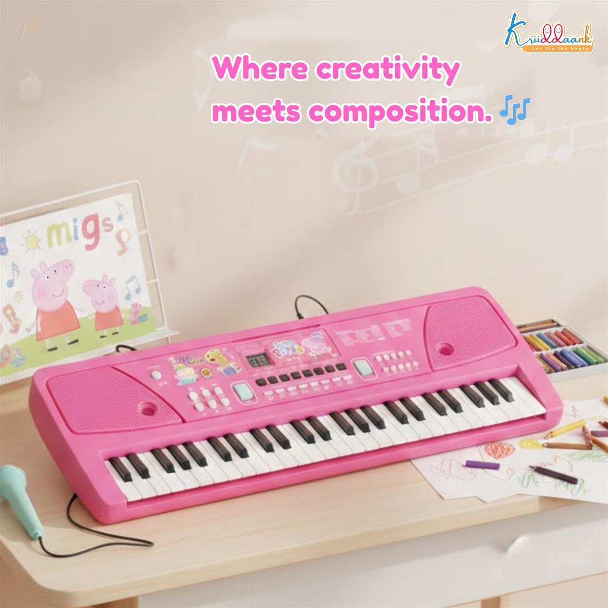Hasbro Peppa Pig 37-Key Musical Keyboard with Microphone, 16 Instrument Sounds & 10 Rhythms - Educational Piano Toy for Toddlers & Kids, USB/Battery Powered, Pink - Ideal Birthday Gift for Ages 3+