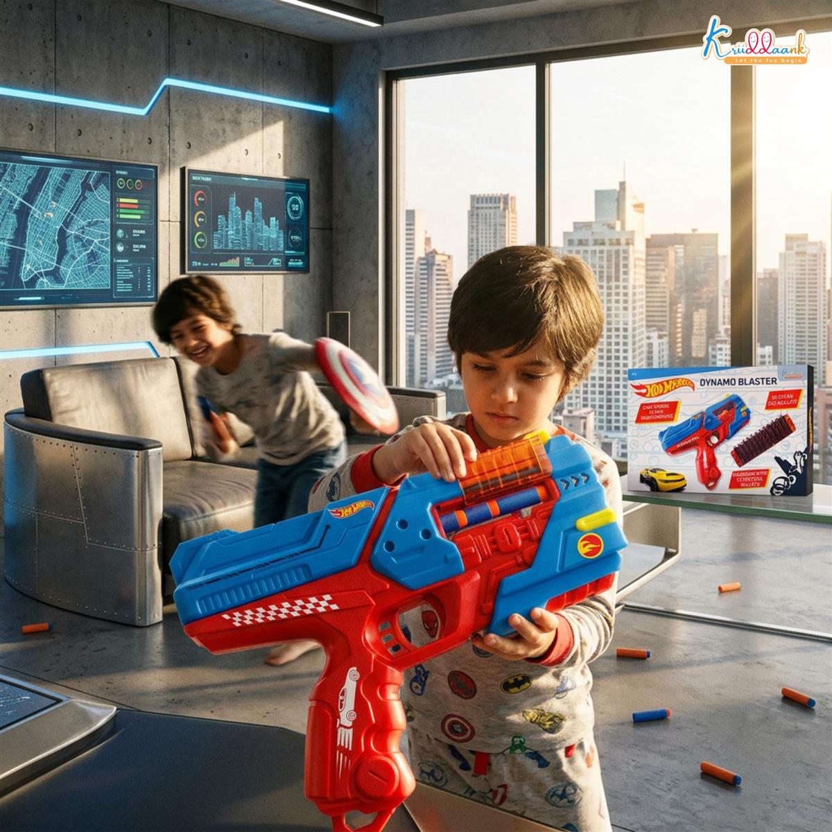 Hot Wheels Dynamo Blaster Toy Gun with 22 Soft Foam Bullets & 12-Dart Cartridge, Long Range Action-Packed Blaster for Kids, Safe & Interactive Play, Blue, Ages 4+