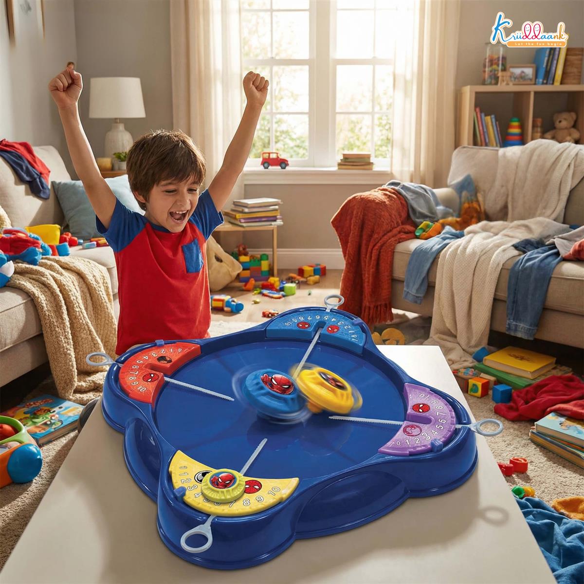 Kriiddaank Spiderman-Inspired Spinning Top Set - 5-Piece Battling Toy for Kids 5+, Includes Arena Base, 4 Rip Cords & 4 Color Tops, Action-Packed Multiplayer Fun for Boys & Girls