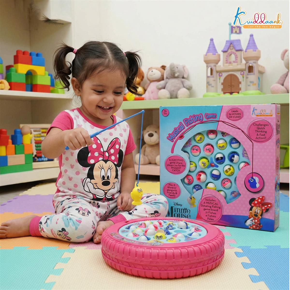 Kriiddaank Minnie Mouse Musical Fishing Game - Rotating Battery Operated Pond with 21 Fish & 4 Fishing Poles - Pink Educational & Interactive Toy for Kids and Toddlers Ages 3+