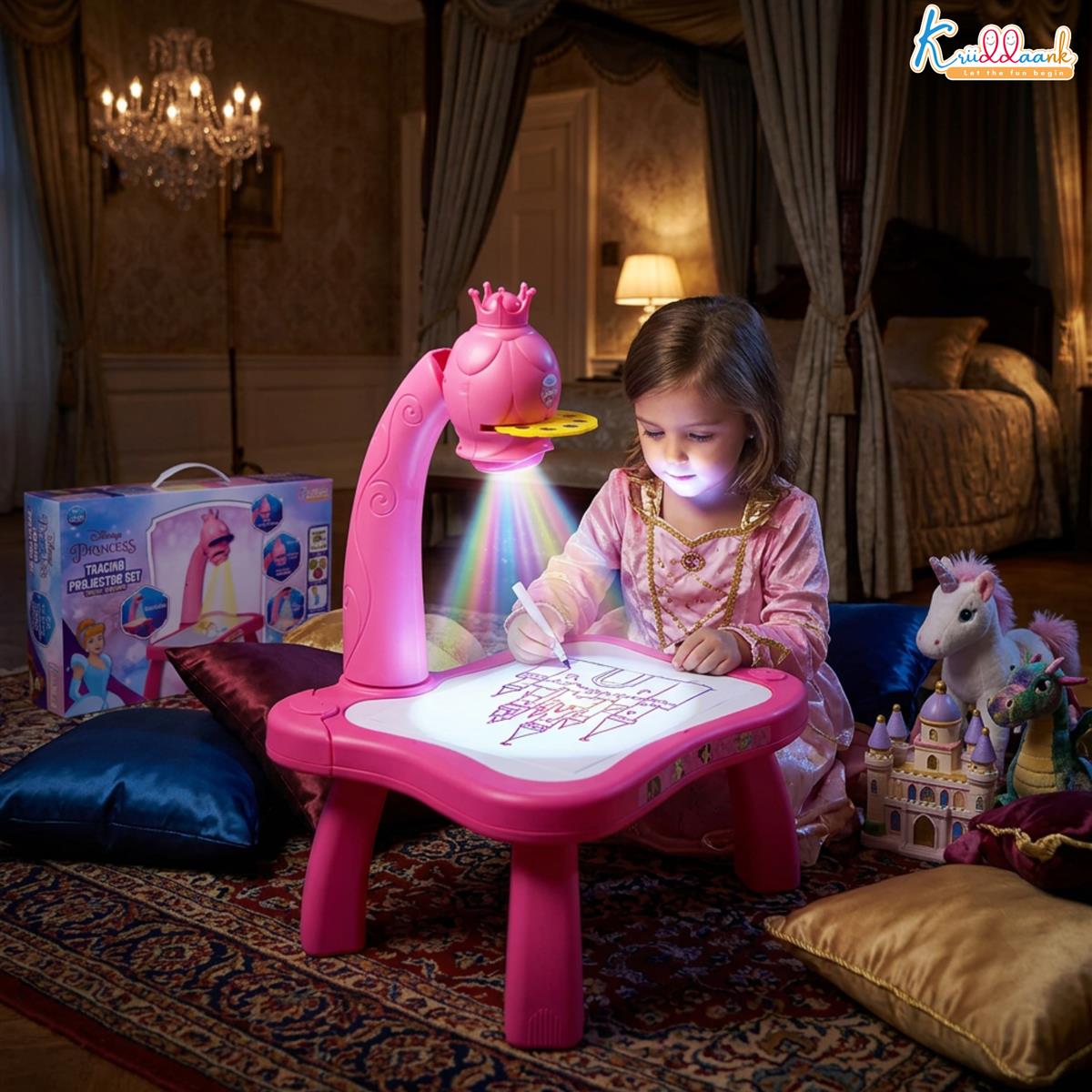 Kriiddaank Disney Princess Tracing Projector for Kids - Drawing Set with 24 Patterns, Stencils & Markers - Creative Art Toy for Girls 3+ Years, Adjustable Focus, Pink Battery Operated Drawing Desk