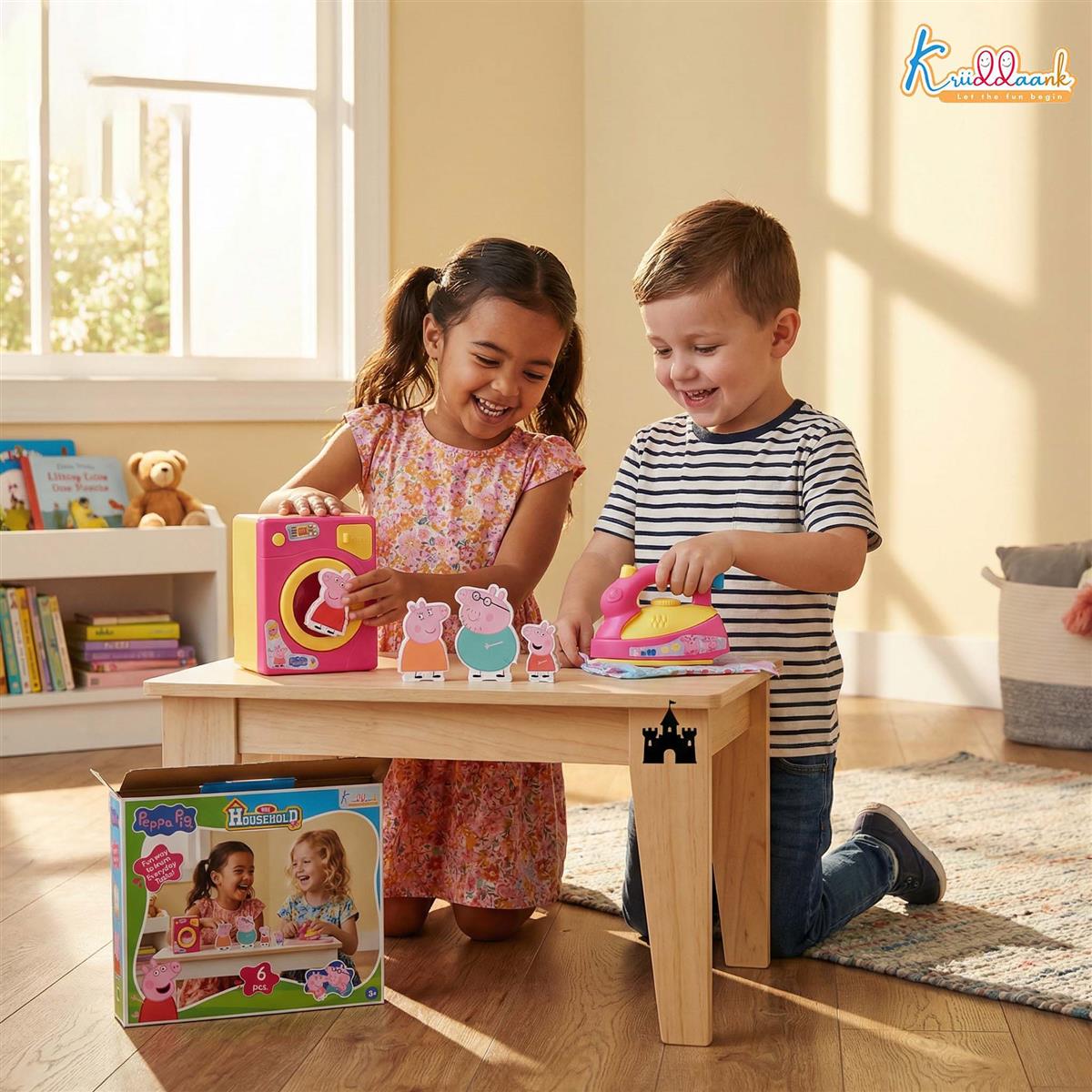 Kriiddaank Peppa Pig Household Set - Washing Machine and Iron Toy with 2D Family Figures George Mummy Daddy Pig, Pretend Play Laundry Set for Preschool Kids Ages 3+, 6 Pieces