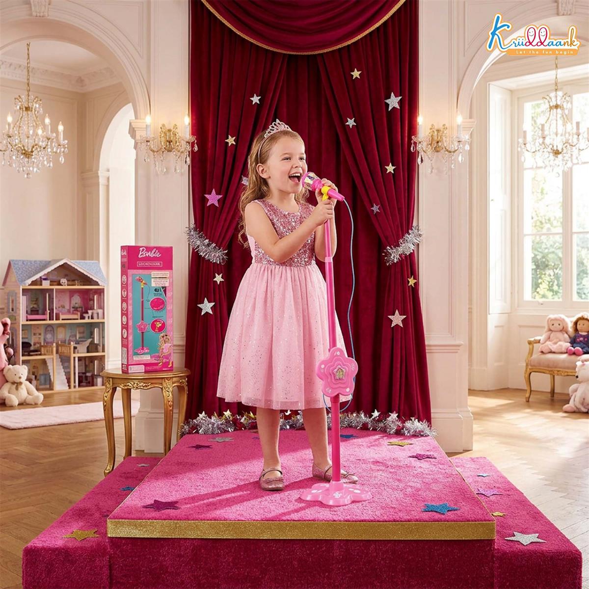 Mattel Barbie Theme Microphone - Portable Wireless Karaoke Mic with Adjustable Stand for Kids, Bluetooth & USB Connectivity, Interactive Musical Singing Toy for Girls 3+ Years, Pink