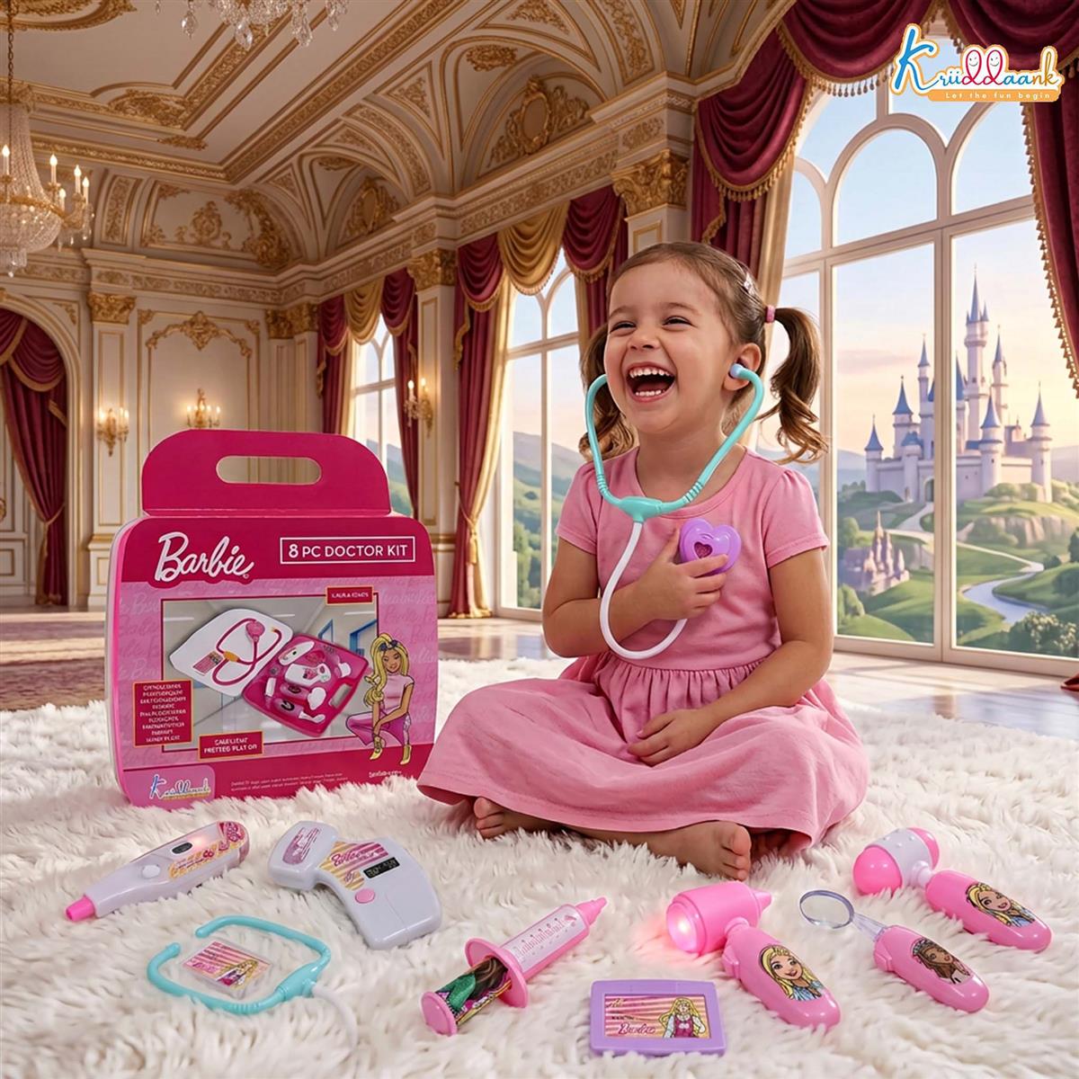 Barbie 8-Piece Doctor Set for Kids 3+ Years, Pink Medical Play Kit with Lights & Realistic Heartbeat Sounds, Non-Toxic Pretend Play Educational Toy Gift for Girls