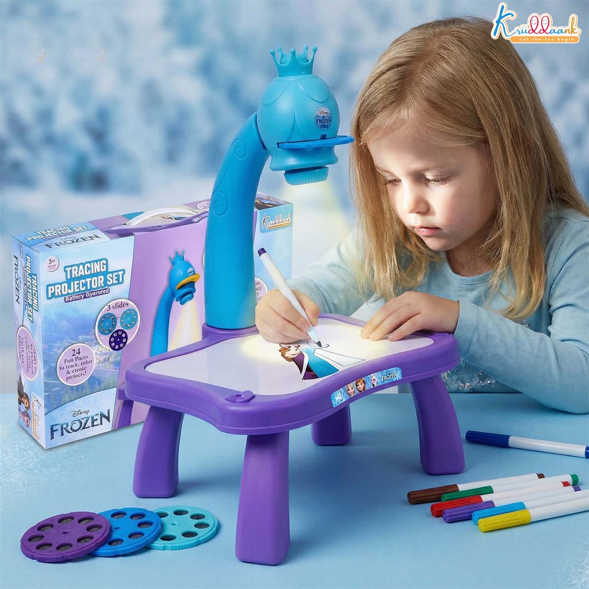 Kriiddaank Frozen Tracing Projector for Kids - Complete Art Drawing Projector Set with 24 Patterns, 3 Slides, Markers & Stencils - Creative Learning Toy for Boys & Girls 3+ Years, Turkish Blue