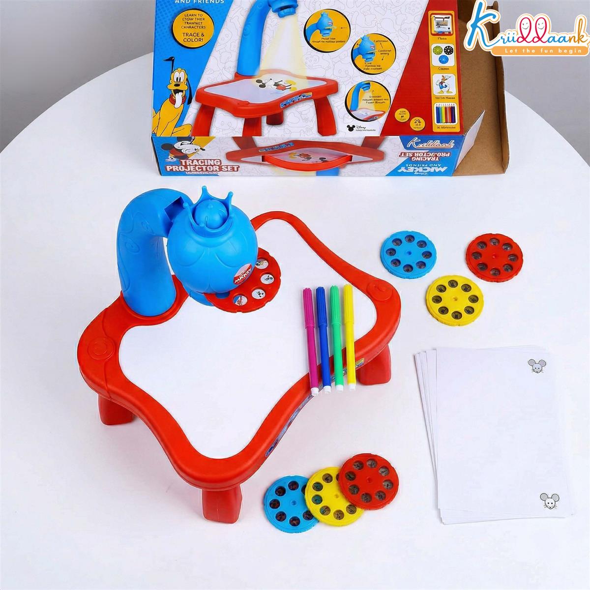 Kriiddaank Mickey Mouse Tracing Projector for Kids - Complete Drawing Set with 24 Patterns, 3 Slide Discs, Markers & Paper - Educational Art & Craft Toy for Boys & Girls Ages 3+ (Red)