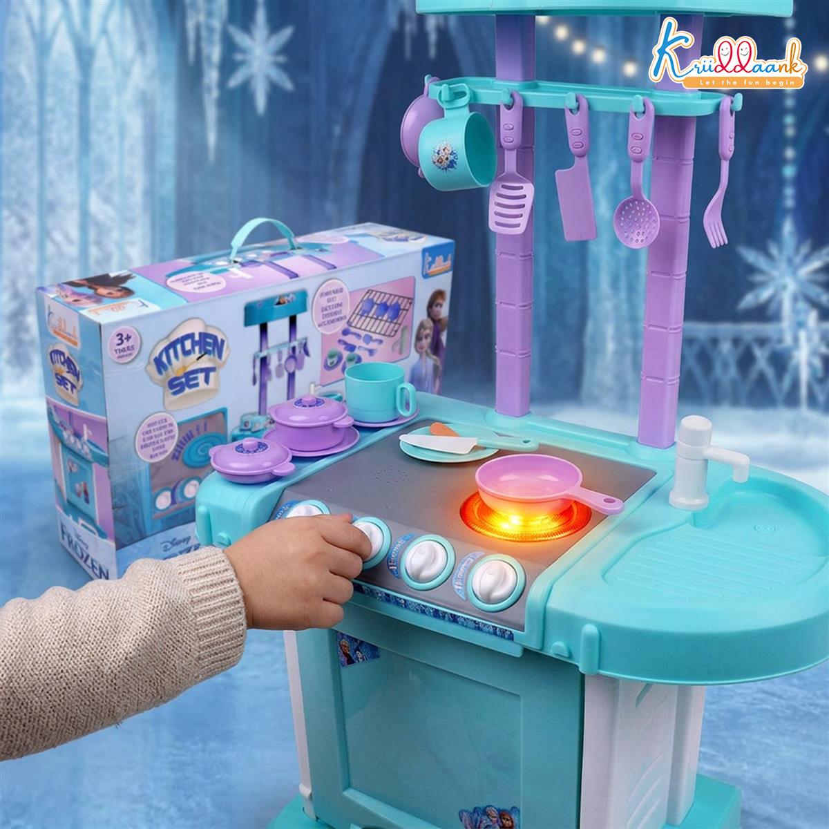 Kriiddaank Frozen Theme Kitchen Set for Kids - Interactive Cooking Playset with Oven, Sink, Lights & Sound - 18 Pcs Chef Accessories, Turkish Blue, Pretend Play Toy for Boys & Girls 3+ Years
