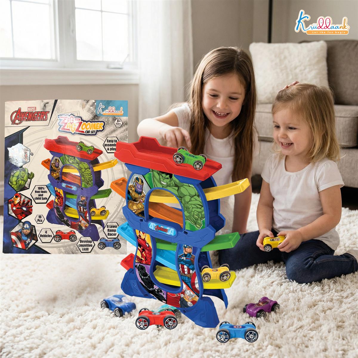 Avengers Zig Zag Zoomer Ramp Racer Car Track for Toddlers - 6-Level Lever Racing Set with 4 Mini Vehicles - 15 Piece Superhero Toy for Kids 3+ Years - Non-Toxic, Educational & Fun Development Toy