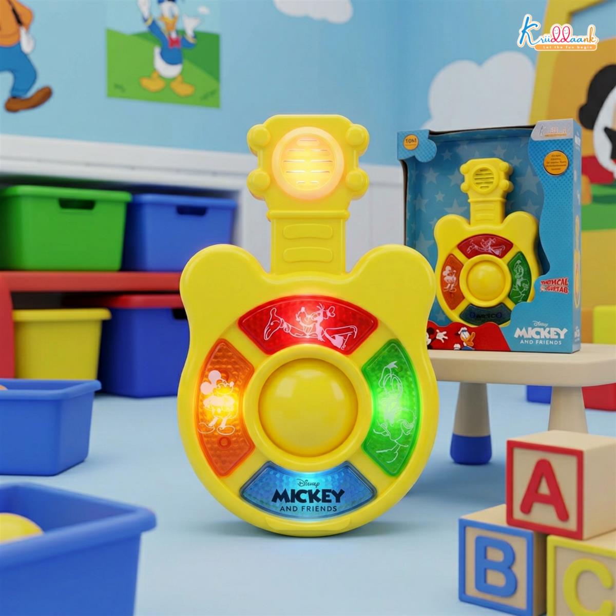 Disney Mickey Mouse Mini Music Guitar Toy for Kids - Portable Pocket-Sized Musical Instrument with 4 Sound Buttons, Battery Operated Educational Play for Toddlers and Preschoolers (3+ Years)