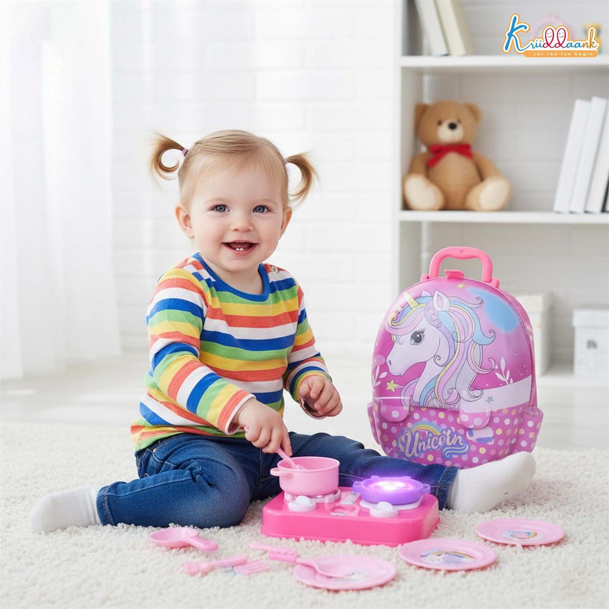 Kriiddaank Unicorn Backpack Kitchen Set for Kids - 21 Pcs Pretend Play Cooking & Baking Toy with Music - Portable Chef Suitcase Gift for Girls & Boys Age 3+ - Educational Role Play Kitchen Kit