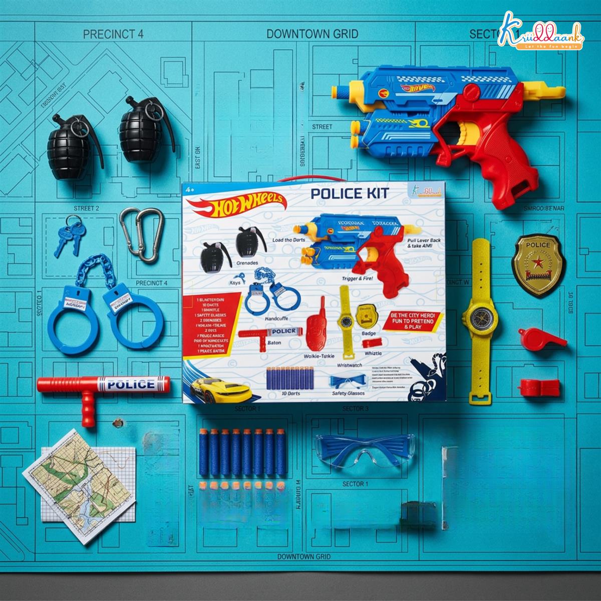 Kriiddaank Police City Hero Blaster Play Set for Kids 4+ - Complete Police Kit with Toy Gun, 10 Soft Darts, Handcuffs, Badge, Walkie-Talkie, Police Baton & Accessories - Blue Role Play Toy Set