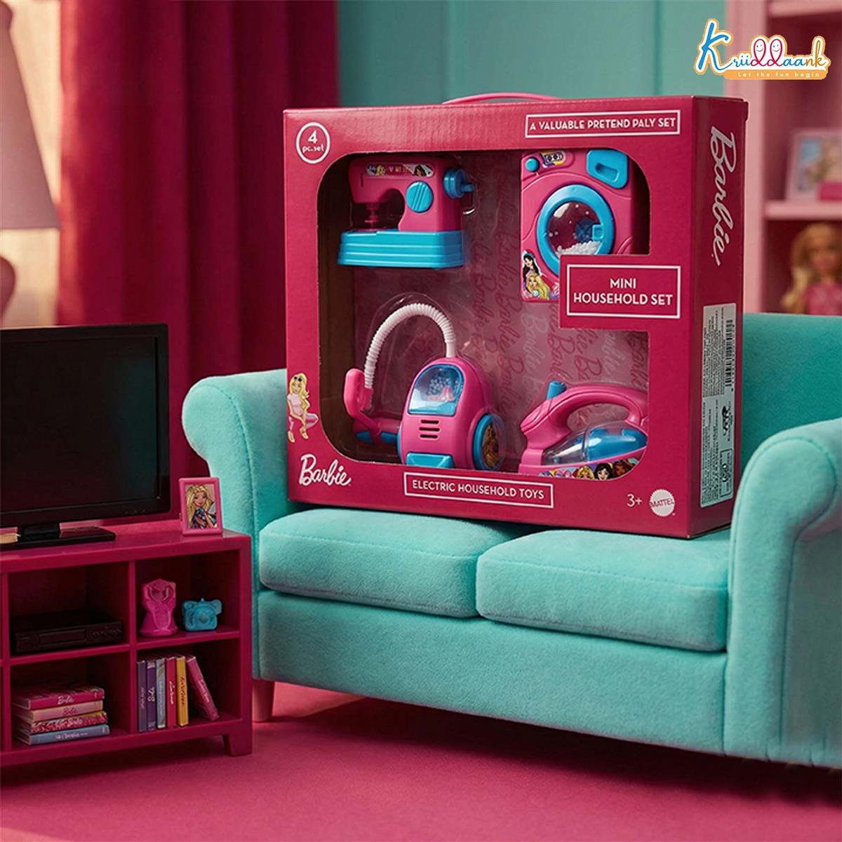 Mattel Barbie Theme Household 4pc Role Play Set - Includes Mini Washing Machine, Vacuum Cleaner, Iron & Hair Dryer - Battery Operated with Lights, Educational Toy for Kids Ages 3+ (Pink)