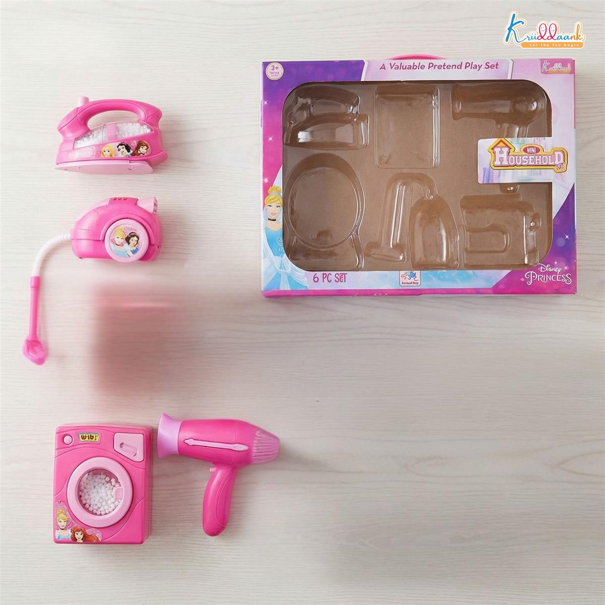 Disney Princess 6-Piece Household Role Play Toy Set - Interactive Washing Machine, Vacuum, Sewing Machine & Accessories with Lights - Educational Pretend Play Kit for Kids Ages 3+