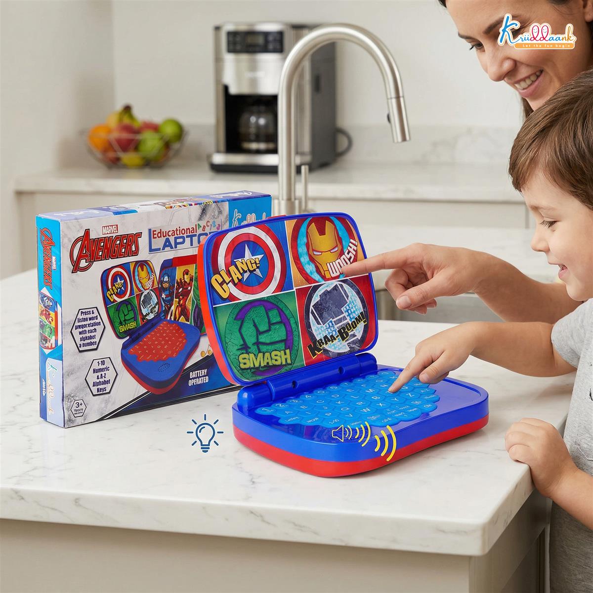 Avengers Theme Educational Laptop Without Screen for Kids | Interactive Music, Alphabet & Number Learning Toy for 3+ Year Olds | Screen-Free, Safe & Durable Early Learning Toy (Red)