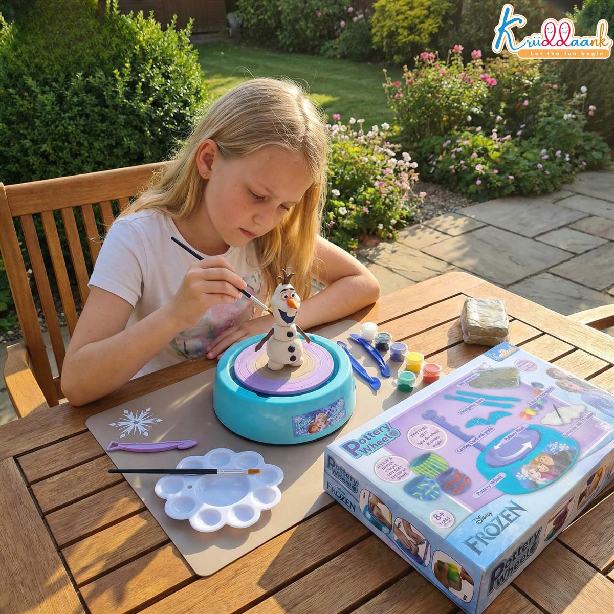 Frozen Theme Pottery Wheel Kit for Kids - Elsa & Anna Clay Art & Craft Set with 800g Clay, 6 Acrylic Paints & Sculpting Tools - Educational DIY Pottery Making Toy for Girls Age 8+ (Turkish Blue)