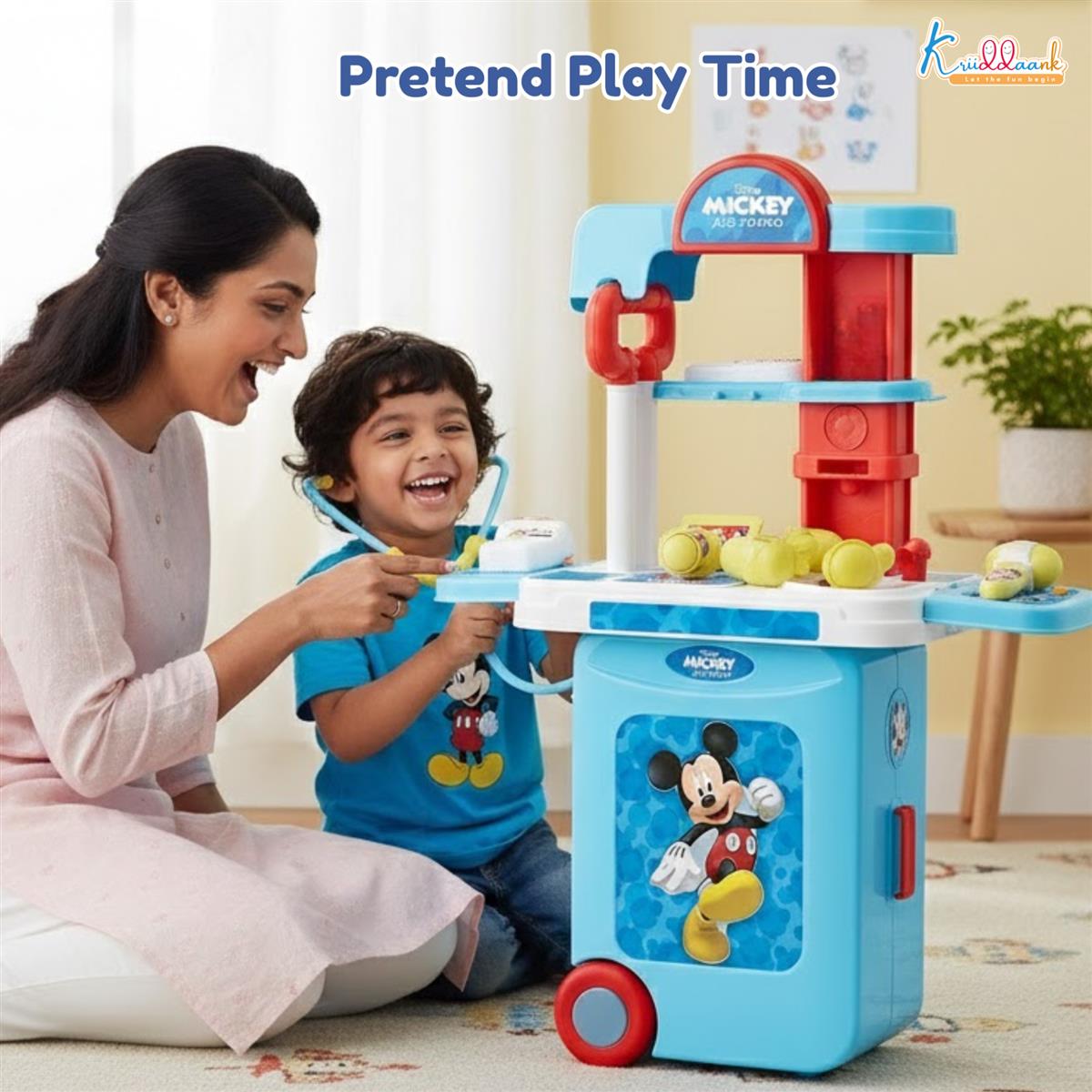 Kriiddaank Mickey Disney Doctor Set for Kids - 9 Pcs Medical Kit Trolley Toy with Lights, Educational Pretend Play for Boys & Girls Age 3+, Portable Role Play Doctor Kit Gift (Red)