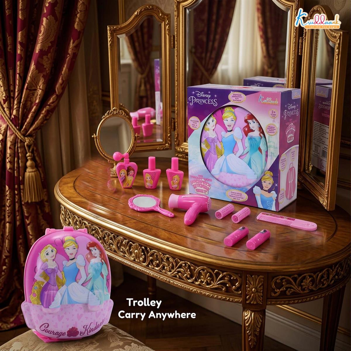 Disney Princess 2-in-1 Backpack Dressing Table & Trolley Gift Set for Kids - 13 Pcs Pretend Play Makeup Kit with Electronic Dryer - Portable Vanity Toy for Girls Age 3+