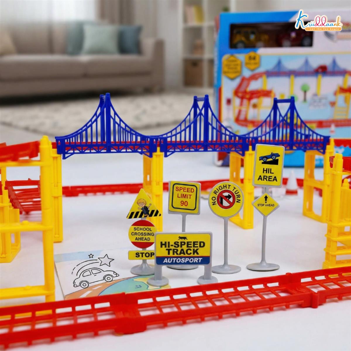 Disney Mickey Track Medium (84 Pcs) â€“ DIY Racing Track Set with 2 Cars, Bridges, Roadway Signs, Traffic Cones & Petrol Pump, Battery Operated Toy for Kids 3+ Years Old
