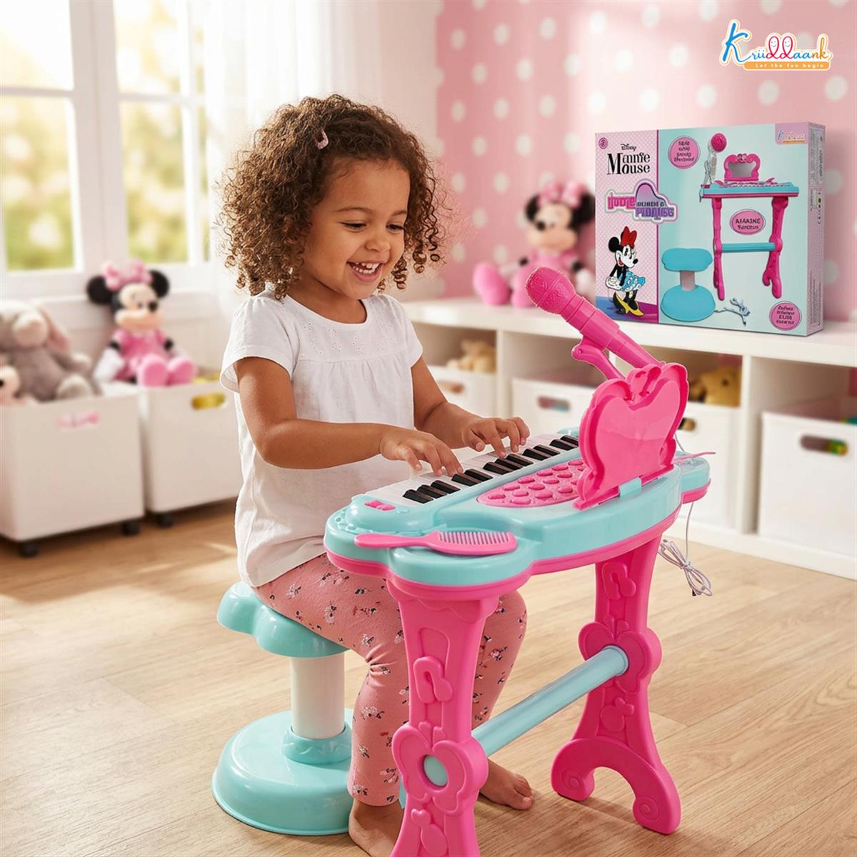 Minnie Mouse Little Pianist Keyboard for Girls â€“ Musical Toy with Microphone, Stool & Dress-Up Accessories â€“ 25 Inbuilt Tunes, Karaoke Mode, Battery/USB Powered â€“ Educational Gift for Kids 3+ Years