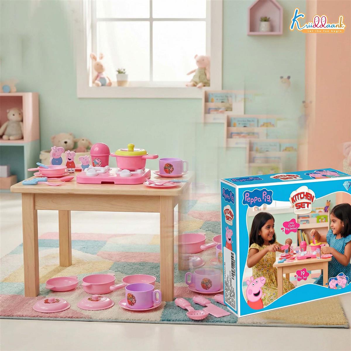 Kriiddaank Peppa Pig Inspired Kitchen Set with 2D Family Figures - 19 Pcs Pretend Play Toy for Kids Ages 3+ | Includes Peppa, George, Mummy & Daddy Pig | Battery Operated Lights, Multicolor
