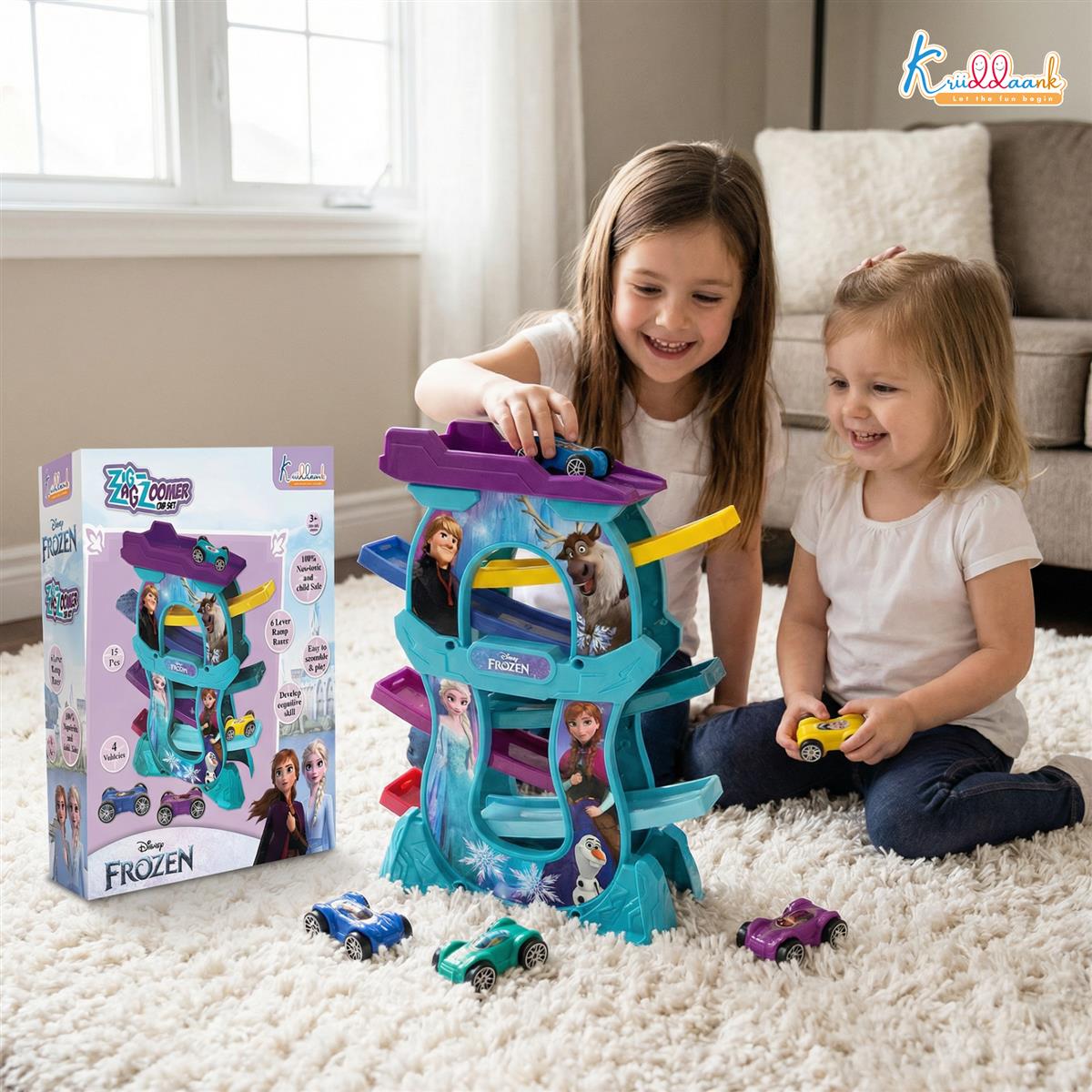 Frozen Zig Zag Zoomer Ramp Racer Car Track for Toddlers - 6-Level Lever Race Track with 4 Mini Vehicles - Educational Building Set for Kids 3+ - Non-Toxic & Safe (15 Pieces)