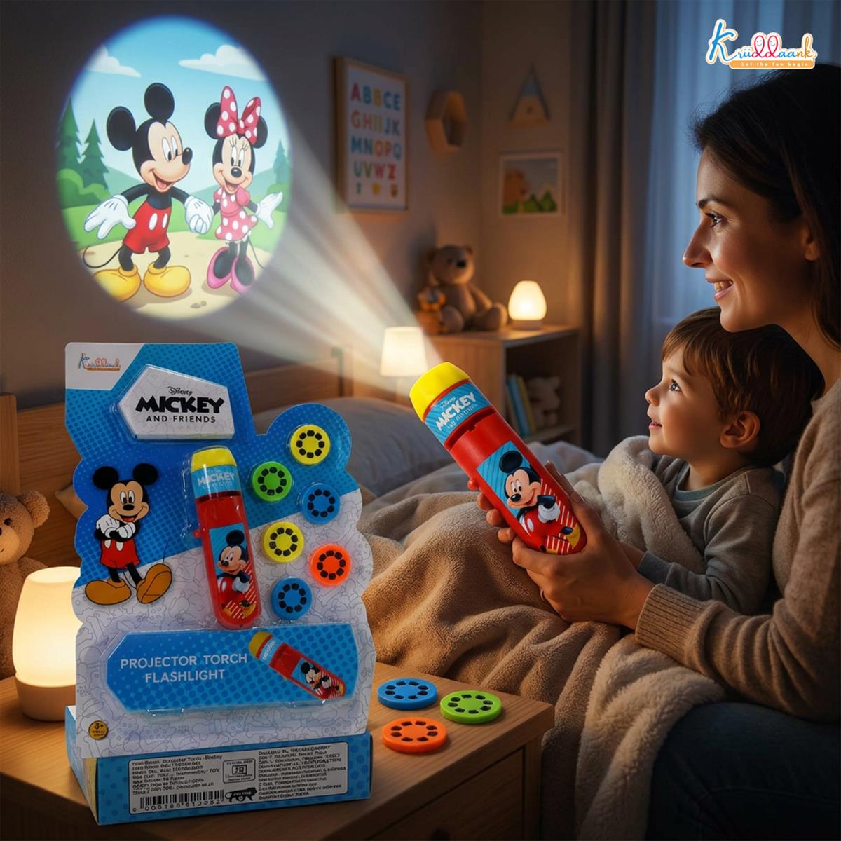 Disney Mickey Mouse Projector Torch for Kids - Portable Handheld Storytelling Flashlight with 3 Slides & 24 Images, Bedtime Night Light & Educational Learning Toy for Boys & Girls 3+ Years