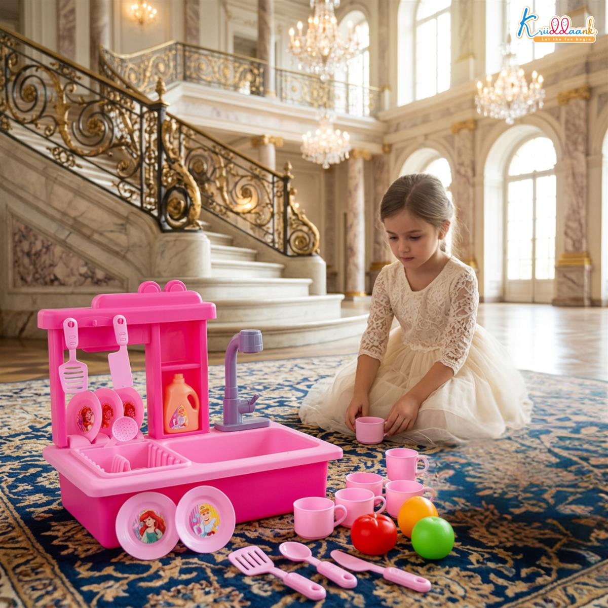 Kriiddaank Disney Princess Kitchen Toy Set for Girls with Running Water Sink, Electronic Kettle with Light & Sounds, 22-Piece Pretend Play Cooking & Baking Playset, Educational Toy for Kids 3+