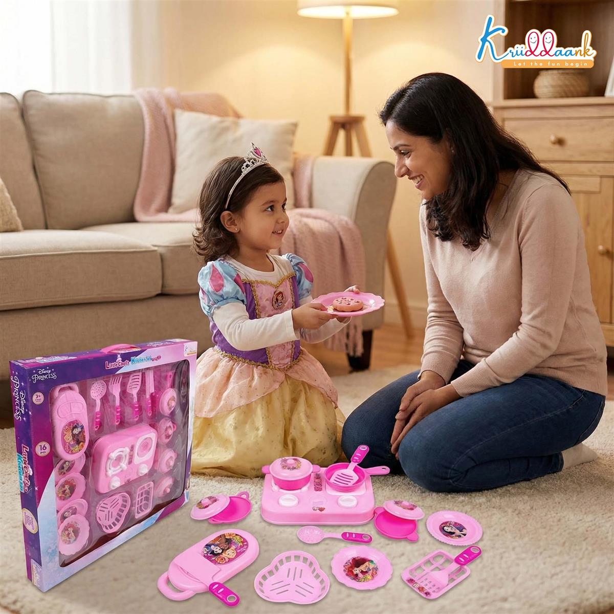 Kriiddaank Princess Little Chef Kitchen Set for Kids - 16 Pcs Pretend Play Cooking & Baking Playset with Light & Sound, Battery Operated Toy Stove, Portable Pink Kitchen for Girls & Toddlers Ages 3+