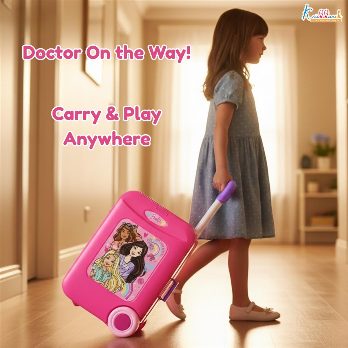 Kriiddaank Barbie Theme Doctor Set - Portable Medical Trolley Playset with Lights, 9-Piece Educational First Aid Kit for Kids 3+, Dreamhouse Role Play Toy, Best Birthday Gift for Girls - Pink