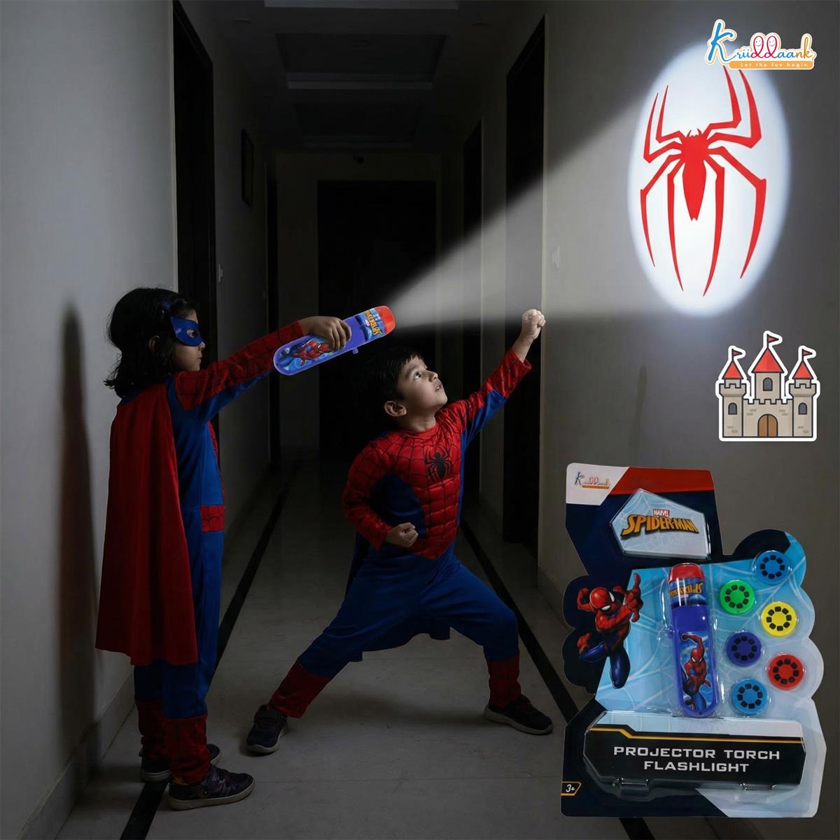 Spiderman Handheld Projector Torch & Drawing Set for Kids, Battery Operated Marvel Heroes Flashlight with 3 Slides, 24 Patterns, Stencils & Markers, Educational Creative Tracing Toy for Boys 3+