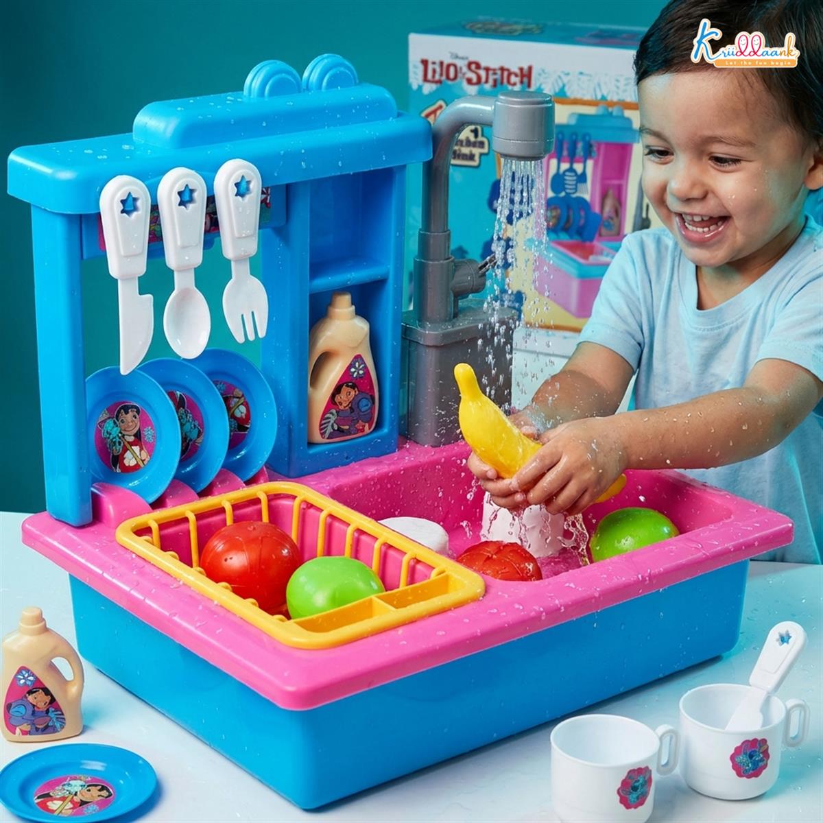 Stitch Toy Kitchen Sink Playset with Electric Faucet & Running Water - 22 Pcs Pretend Play Dish Washing Set for Kids, Kitchen Accessories, Realistic Role Play Toy for Boys & Girls 3+ Years