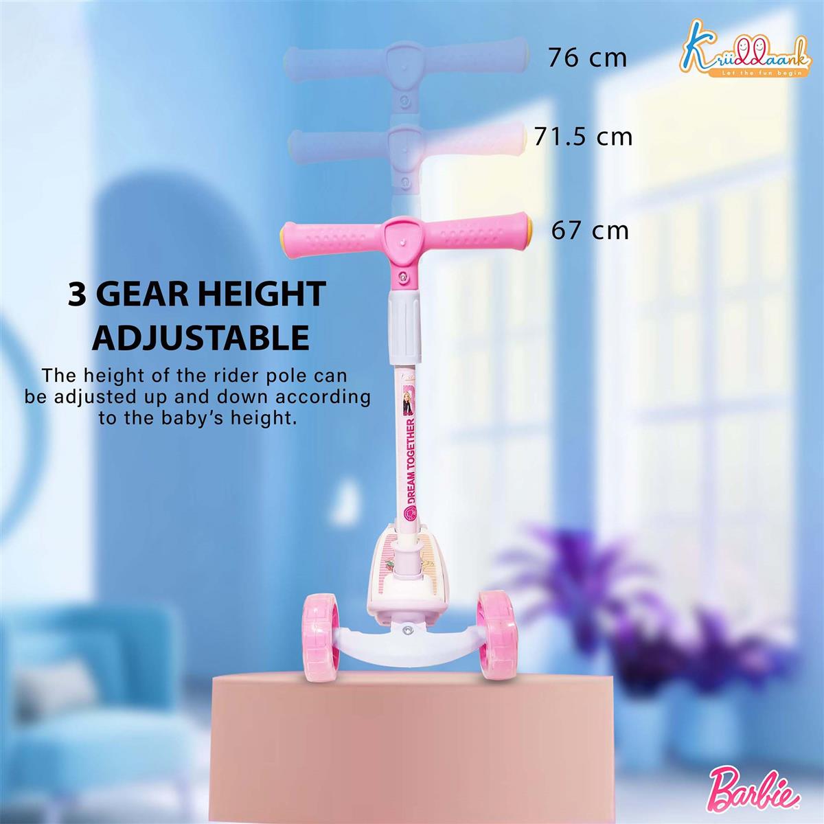 Kriiddaank Barbie Adventure Rider Kick Scooter for Kids - 3-Wheel with LED Light Up Wheels, 3-Level Adjustable Height & Easy Fold Design, Pink Skate Scooter for Girls Ages 3-12 Years (Up to 25Kg)
