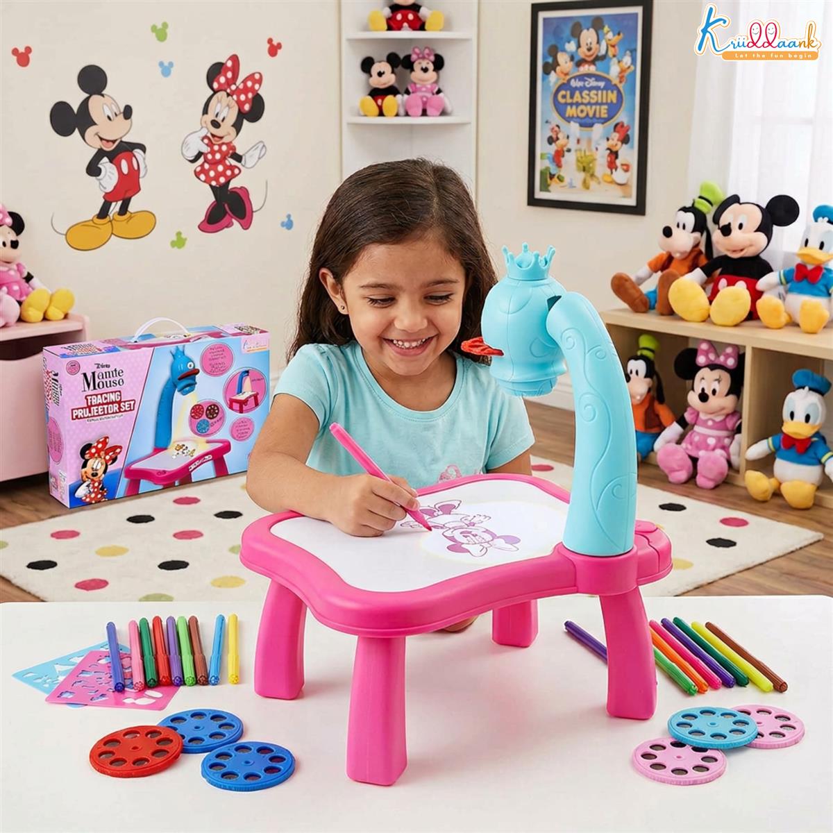 Kriiddaank Minnie Mouse Tracing Projector Set for Kids - Drawing Projector with 24 Patterns, 3 Stencil Slides, Markers & Paper - Creative Art & Craft Educational Toy for Girls Ages 3+ (Pink)