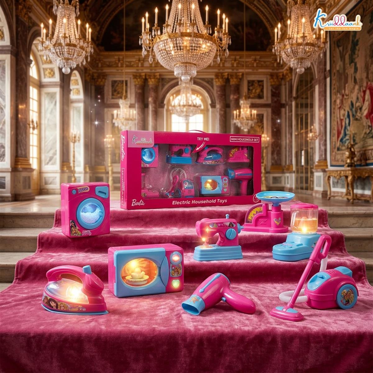 Mattel Barbie Theme Household Role Play Set (8pc) - Mini Toy Appliances with Washing Machine, Microwave & Vacuum Cleaner | Fun Educational Gift for Kids Ages 3+ | Signature Pink Collection