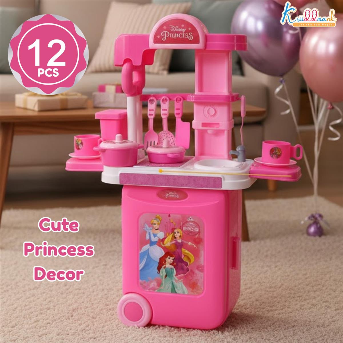 Kriiddaank Disney Princess Kitchen Set - 20 Pcs Portable Pretend Play Toy with Trolley Bag, Music & Lights, Cooking & Baking Playset for Girls Ages 3+, Pink