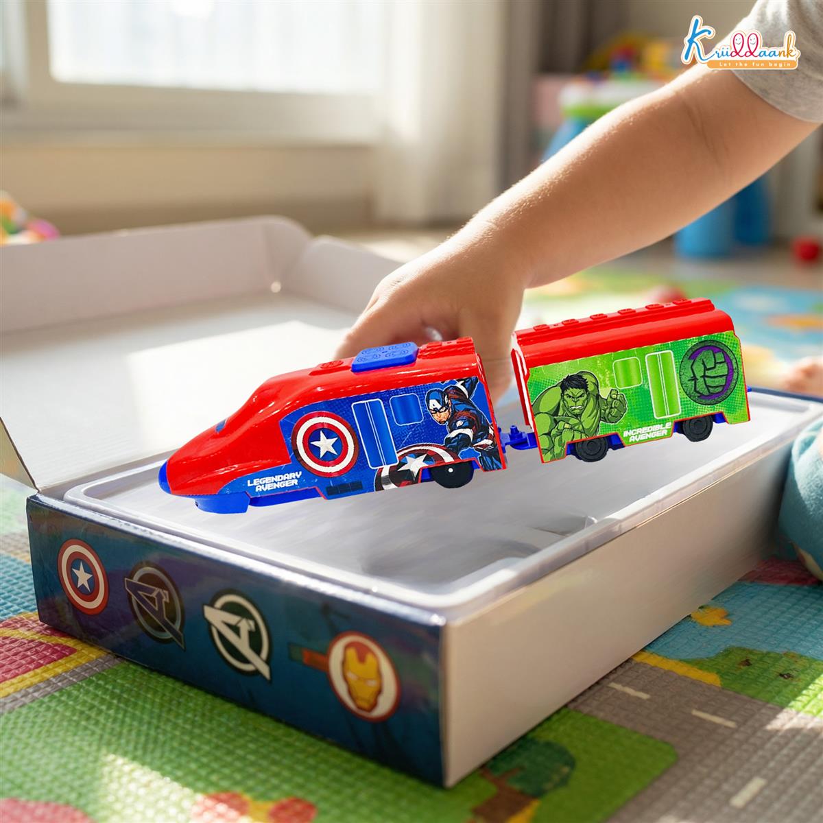 Kriiddaank Avengers Theme RC Train Toy for Kids - Rechargeable Remote Control EMU Express Train with LED Lights & Sound Effects, Superhero Railway Set for Boys & Girls 3+ Years (Blue)