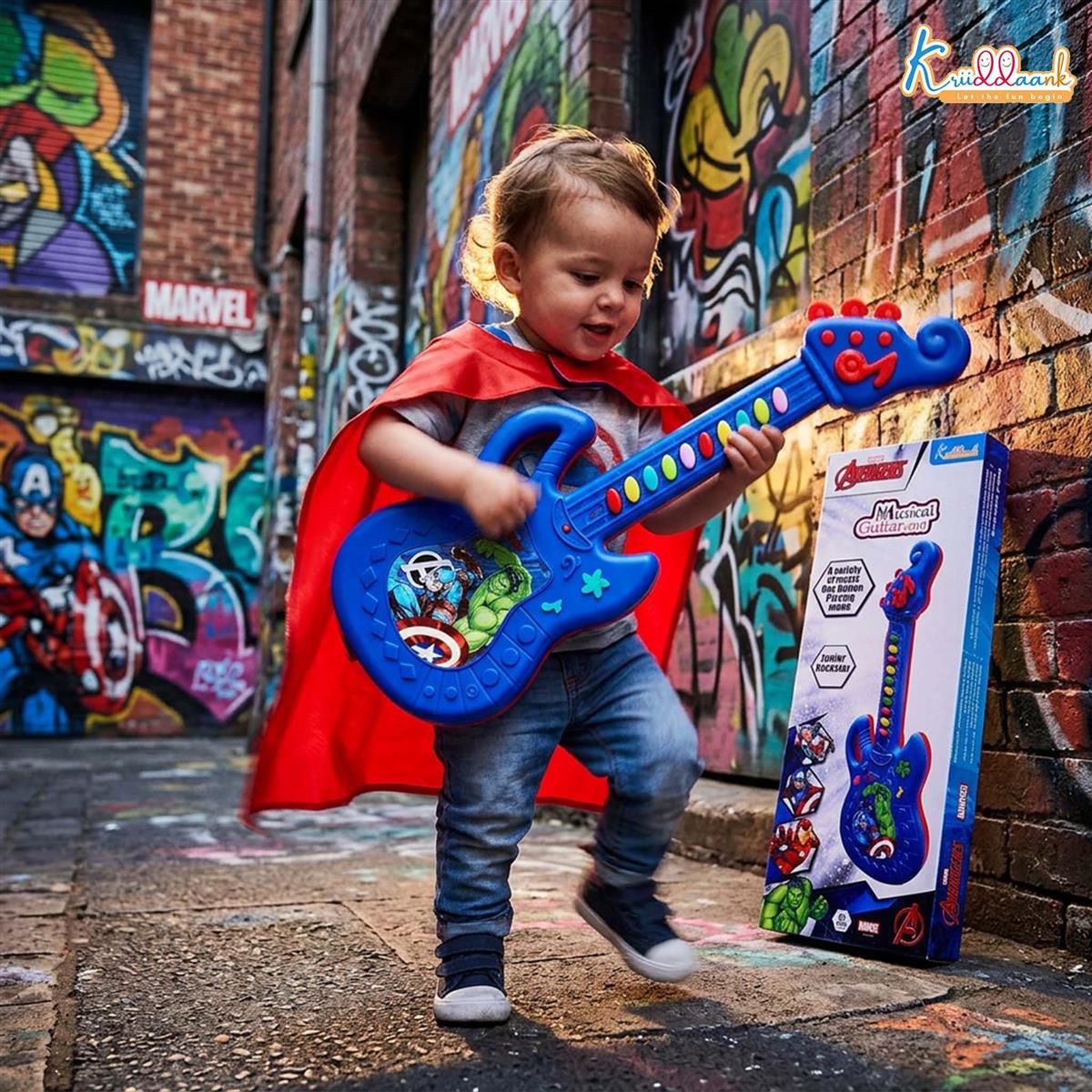 Marvel Avengers Theme Musical Guitar for Kids - Superhero Electric Toy with Lights & Sound, Battery Operated Junior Rockstar Guitar, Red Musical Instrument for Boys & Girls Age 3+ Years